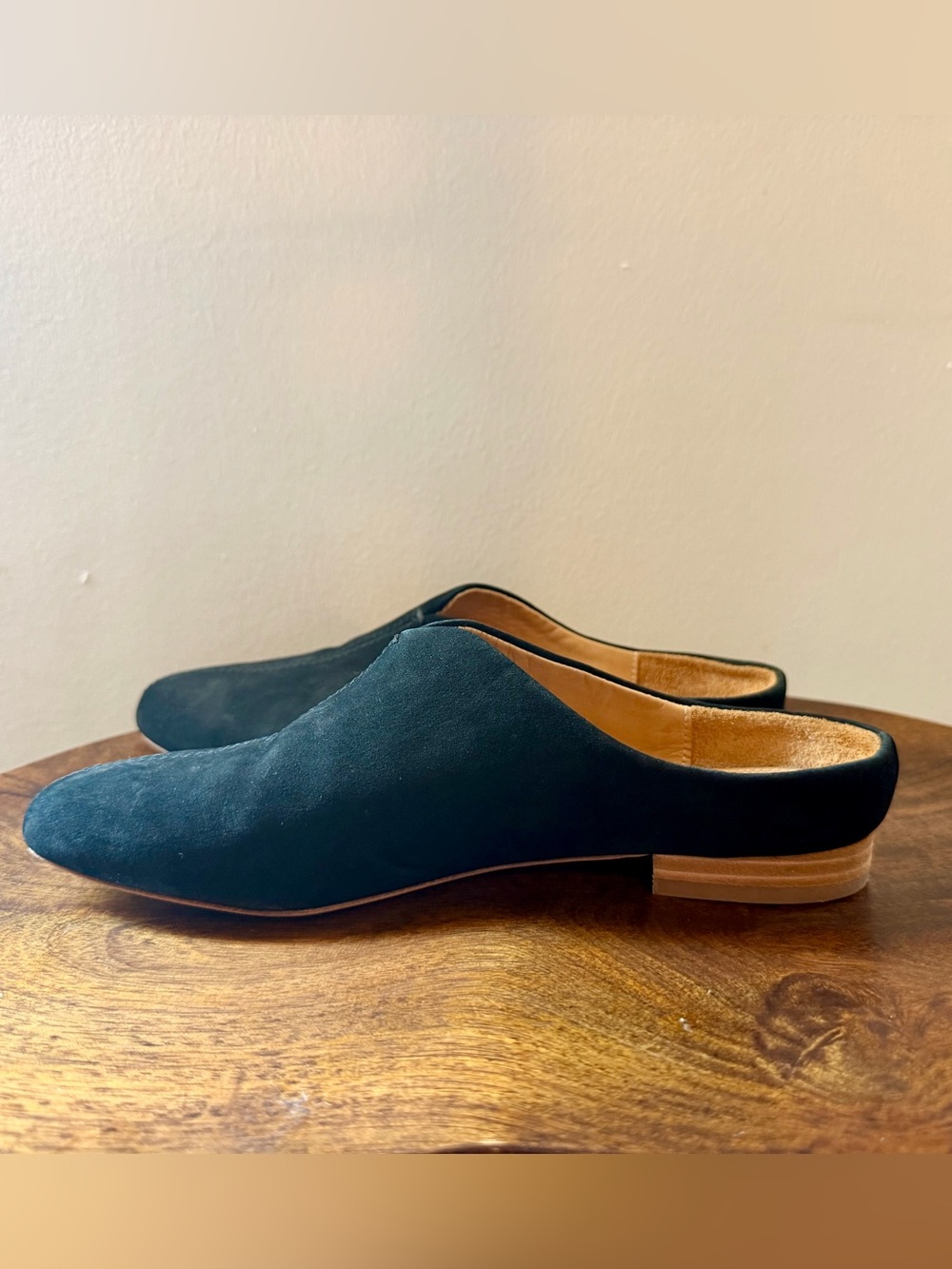bill blass black suede backless loafers with tan sole